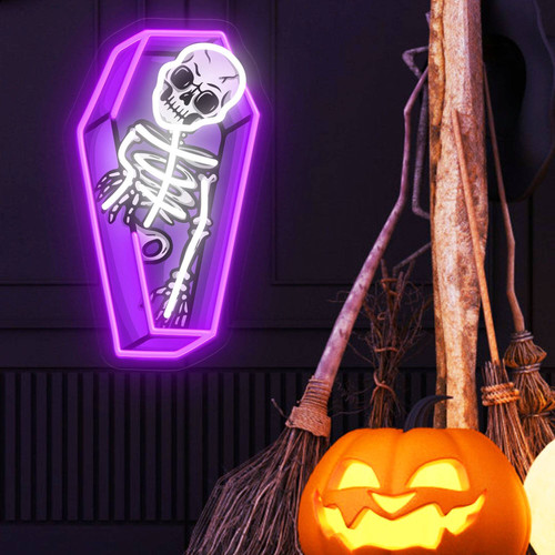 Halloween skeleton neon sign, spooky gothic wall decor for haunted party vibes and goth lovers, glow for bar or game room | Familywalldecor