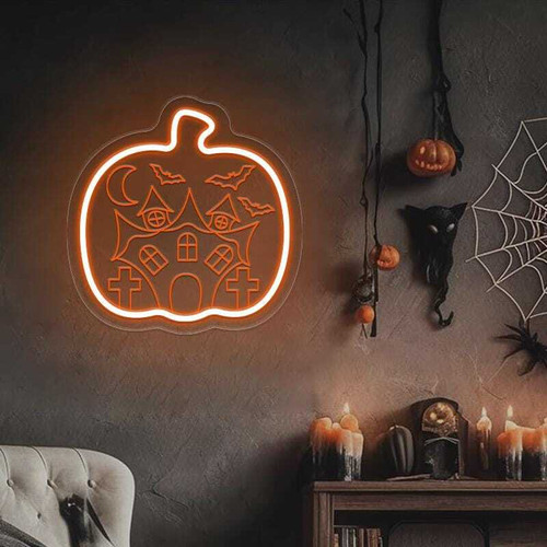 Halloween pumpkin neon sign casts a witchy orange glow, jack-o'-lantern LED wall decor ideal for party scenes and entryways | Familywalldecor