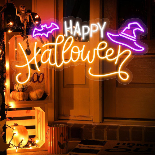 Happy Halloween neon sign LED wall decor in orange script, customizable with name, perfect party backdrop for spooky season | Familywalldecor