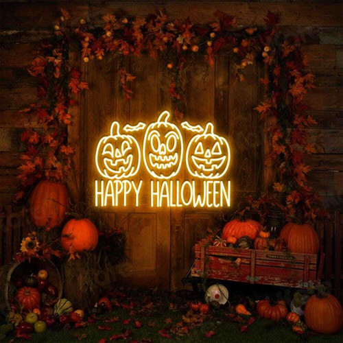 Happy Halloween Ghost neon sign with playful ghost silhouette and glowing LED text, spooky wall decor for party scenes. | Familywalldecor
