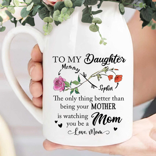 Mother-daughter bond ceramic flower vase with custom names and date, matte white cylindrical design, new mom Mother's Day gift | Familywalldecor