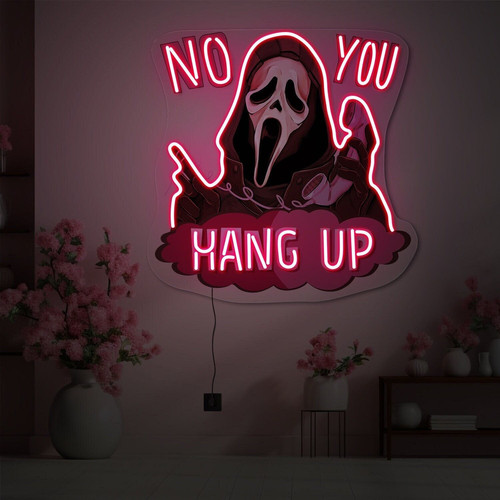 No You Hang Up skull LED neon sign, funny horror wall decor with glowing quote and skull motif for Halloween party backdrop | Familywalldecor