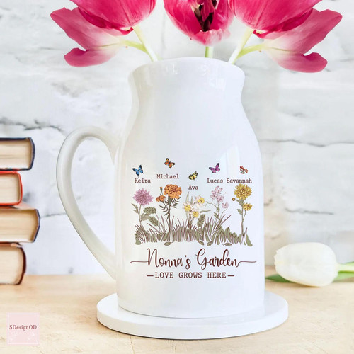 Thoughtful Garden Ceramic Flower Vase For Grandma - Personalized Mother's Day Gift With Birth Month Flowers And Family Names | Familywalldecor