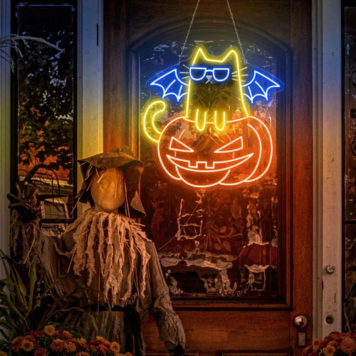 Halloween pumpkin cat neon sign LED bedroom decor with soft glow for cat lovers, cozy night light and festive accent | Familywalldecor