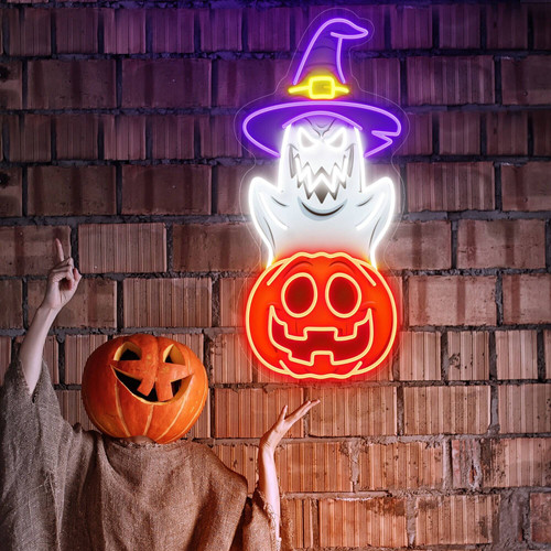 Pumpkin ghost neon sign for kids, cute Halloween wall decor and party backdrop, gift for trick-or-treaters | Familywalldecor