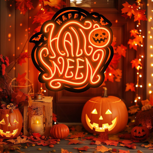 Pumpkin Halloween neon sign, cute LED wall decor, personalized gift option for kids’ rooms or Halloween parties | Familywalldecor