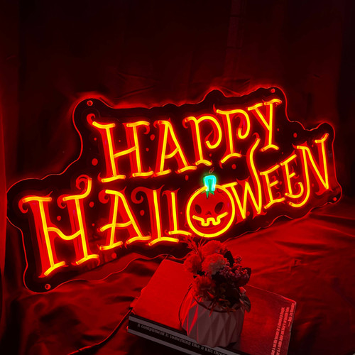Pumpkin Halloween neon sign with glowing orange LED jack-o'-lantern face, wall-mounted party decor for cozy fall homes | Familywalldecor