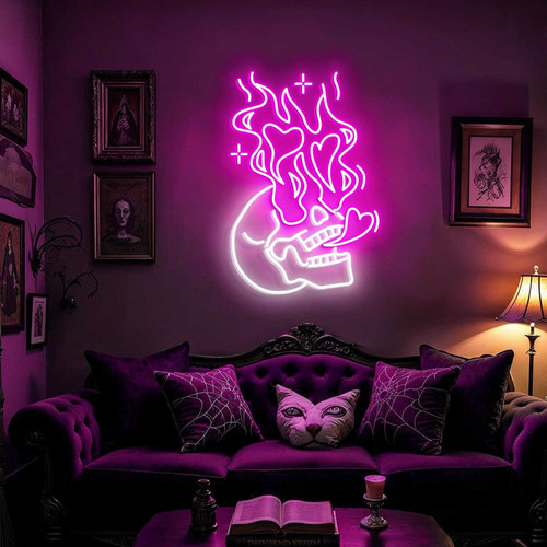 Skull heart flame neon sign wall art for Halloween, red LED on clear acrylic backing, vertical mount for gothic bedroom decor | Familywalldecor