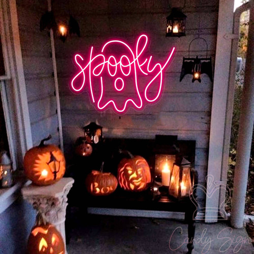 Boo ghost neon sign LED light, cute Halloween wall decor with white outline and Boo script for kids rooms and party backdrops | Familywalldecor
