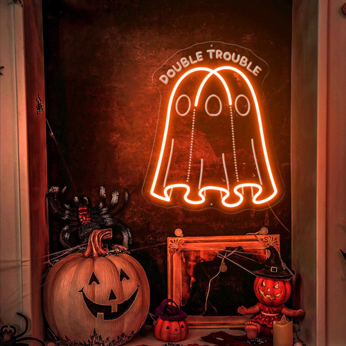Ghost Boo neon sign LED wall light for kids room, cute Halloween decor and night light, spooky ghost outline with Boo text | Family Wall Decor