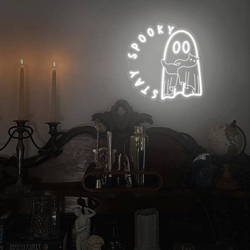 Halloween ghost cat neon sign with 'stay spooky' text, funny led wall decor for party backdrops and cozy spooky season rooms | Familywalldecor
