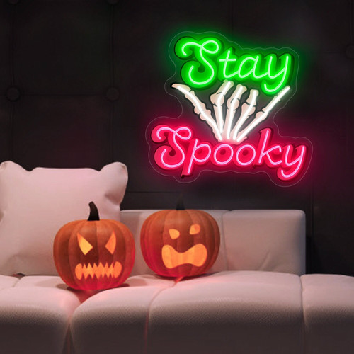 Stay Spooky neon sign LED wall decor with ghost motif, Halloween party accent for bar or home, script adds festive glow | Familywalldecor