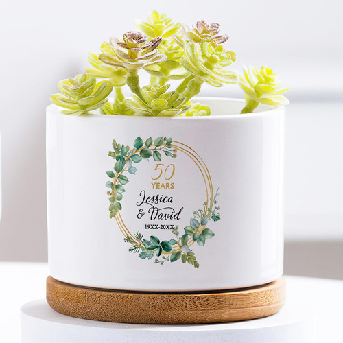 50 years wreath ceramic plant pot personalized with couple’s names and date, anniversary planter gift for spouses | Familywalldecor