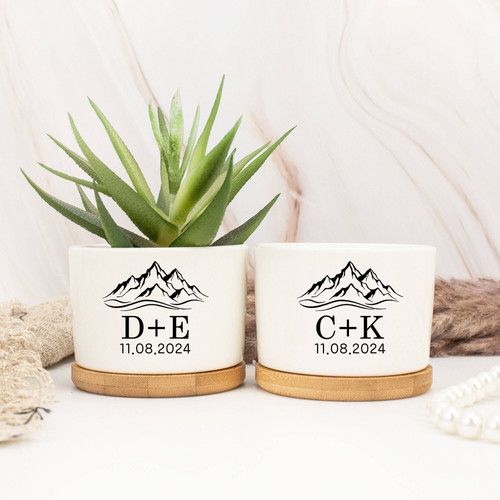 Wedding ceramic plant pot personalized with couple names, meaningful anniversary or engagement gift for home plant display | Familywalldecor