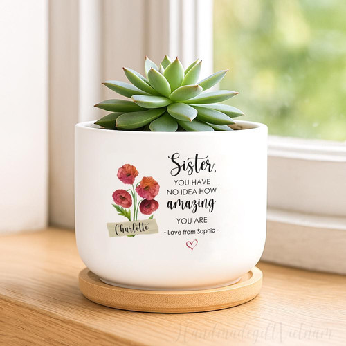 Custom birth month flower ceramic plant pot with name, matte white, thoughtful Mother's Day gift for sister, indoor planter | Familywalldecor