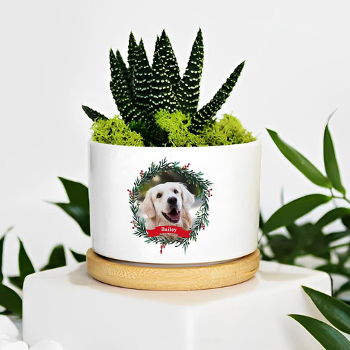 Dog Christmas ceramic plant pot with custom pet photo and name, flower planter and pet memorial gift for dog lovers | Familywalldecor