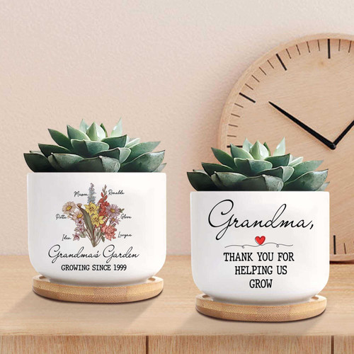 Grandma's Garden ceramic plant pot featuring personalized birth month flowers and grandkids' names, Mother's Day gift | Familywalldecor