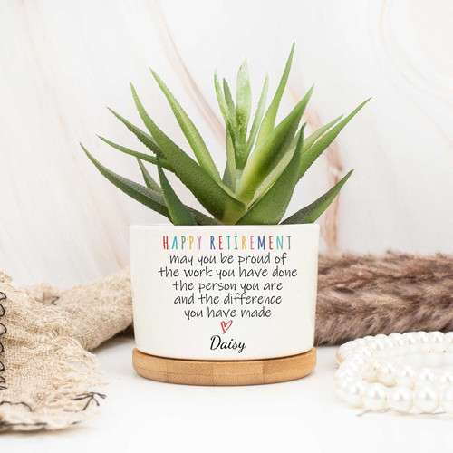 Happy retirement ceramic plant pot gift for coworker, thoughtful desk planter to celebrate a milestone in office or home | Familywalldecor