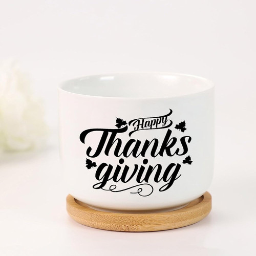 Happy Thanksgiving ceramic plant pot with drainage and saucer, inspirational quote planter for home, office, or garden decor | Familywalldecor