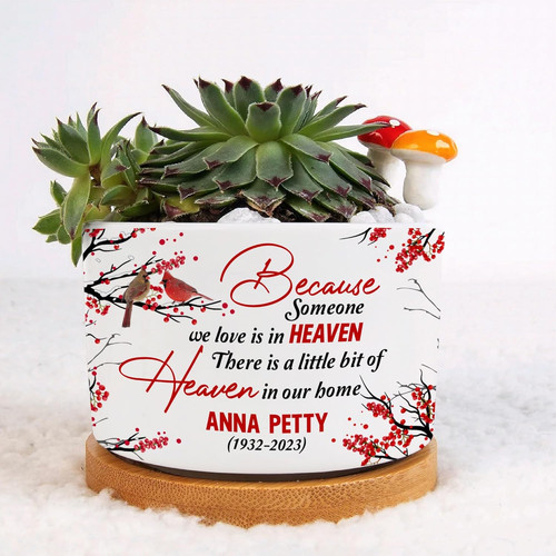 Memorial ceramic plant pot with “Someone We Love Is in Heaven” quote, personalized name, sympathy gift for loss and home decor | Familywalldecor