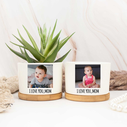 Personalized kids photo plant pot featuring your child’s picture and name; heartfelt Mother’s Day gift for mom or grandma | Familywalldecor