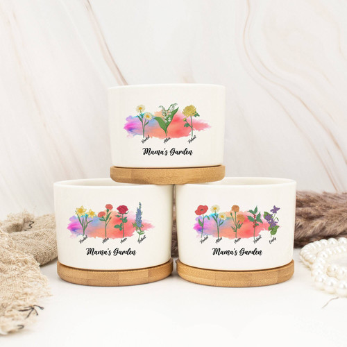 Mama's Garden ceramic plant pot with custom birth flowers and family name, matte white finish; Mother's Day gift for mom. | Familywalldecor