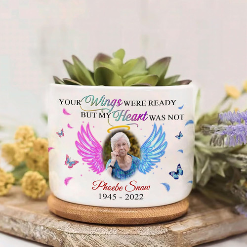 Memorial butterfly ceramic plant pot with tray, personalized with photo and name; sympathy gift for loss of mom or dad | Familywalldecor