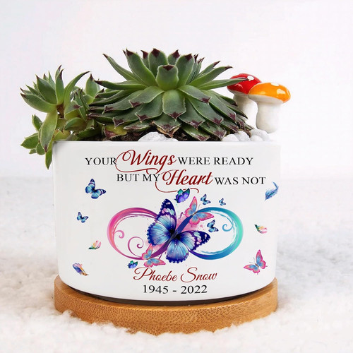 Christian memorial ceramic plant pot with tray, personalized sympathy flower planter with name; thoughtful bereavement gift | Familywalldecor