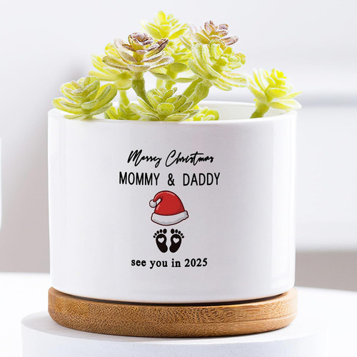 Baby announcement ceramic plant pot with Merry Christmas Mommy and Daddy and See You in 2025, festive succulent planter gift | Familywalldecor