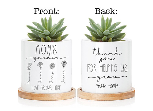 Mother's Day ceramic plant pot with Mom’s Garden theme, a thoughtful gift for gardening moms and cheerful family garden decor | Familywalldecor