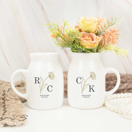 Engagement ceramic flower vase with personalized couple names, thoughtful wedding or engagement gift and tabletop decor | Familywalldecor