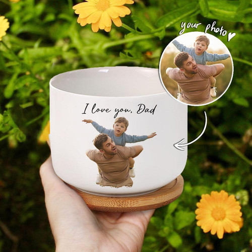 Father's Day ceramic plant pot personalized with photo and name, custom planter gift for Dad, indoor desk or windowsill decor | Familywalldecor