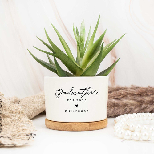 Godmother ceramic plant pot with heartfelt message, ideal Mother’s Day or baptism gift from daughter, matte minimalist | Family Wall Decor