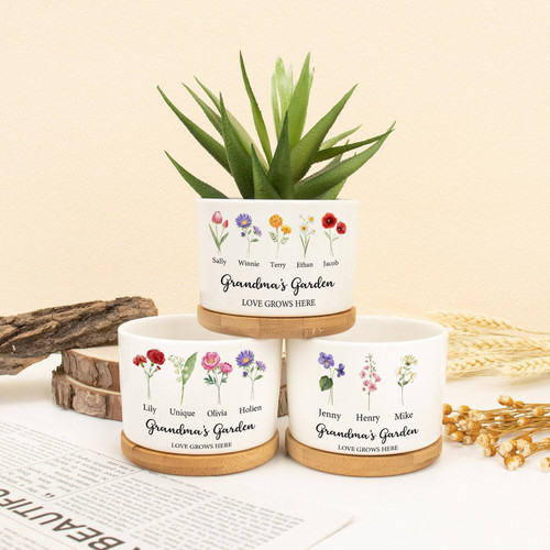 Grandma's Garden ceramic plant pot with custom birth flower design, thoughtful gift for mom, ideal for outdoor patio decor | Familywalldecor