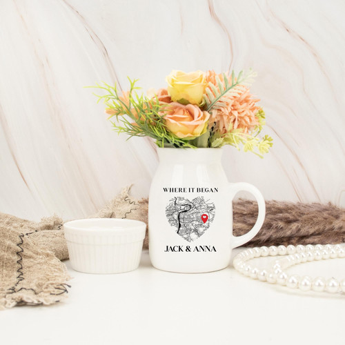 custom couples map ceramic flower vase with personalized names and date, anniversary or valentine's gift for home decor | Familywalldecor