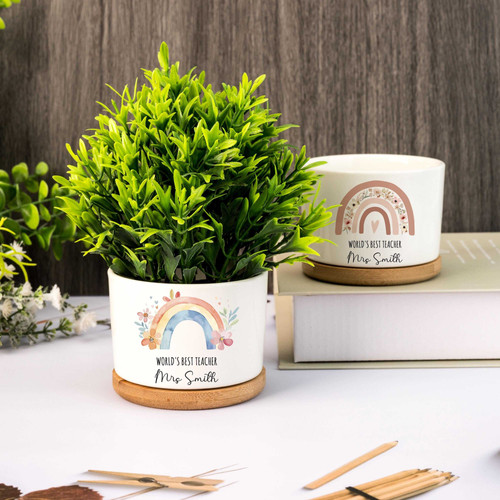 Heartfelt thank-you ceramic plant pot with cute rainbow design, personalized with teacher name; end-of-year gift | Familywalldecor