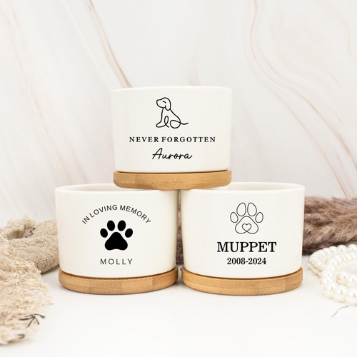 Pet memorial ceramic plant pot with dog paw design, personalized with pet name and dates as a sympathy gift for pet lovers | Family Wall Decor