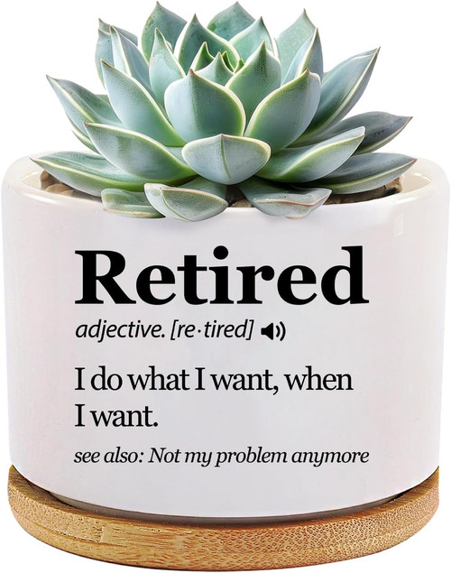 Retired definition ceramic succulent plant pot with witty text, coworker retirement gift and desk decor for home office | Familywalldecor
