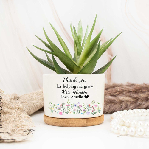 Thank you teacher ceramic plant pot, personalized with teacher name and class, end-of-year gift from students, white planter. | Family Wall Decor