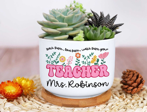 thank you teacher ceramic plant pot with custom name, groovy desk decor gift for teachers, personalized classroom planter | Familywalldecor