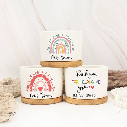 Thank You Teacher ceramic plant pot personalized with teacher name and year, matte ceramic with apple icon, end-of-year gift | Family Wall Decor