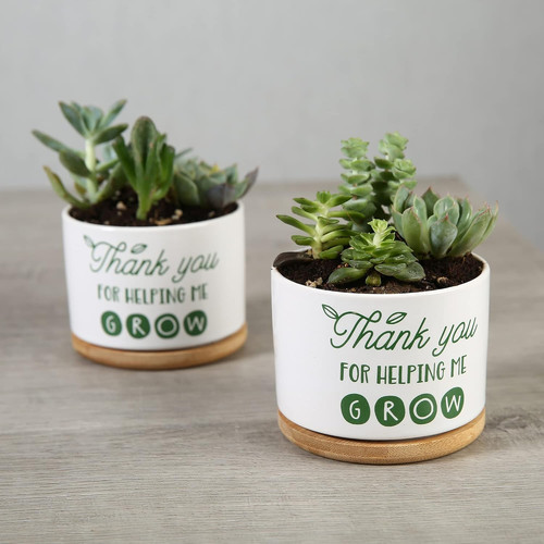 Teacher thank-you ceramic succulent planter with 'Helping Me Grow' message, small desk plant pot for classroom or office gift | Familywalldecor