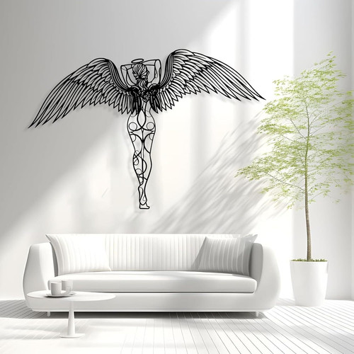 Angel wings metal wall art sign, large guardian angel decor for living room, feather silhouette, housewarming gift | Familywalldecor