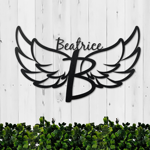 Angel wings metal sign with LED light, personalized family name outdoor wall decor for porch or entryway, black powder-coated | Familywalldecor