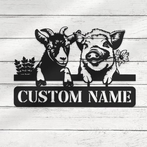 Goat metal sign, personalized rustic farmhouse wall art for barn decor with custom ranch name, black finish, left-facing | Familywalldecor