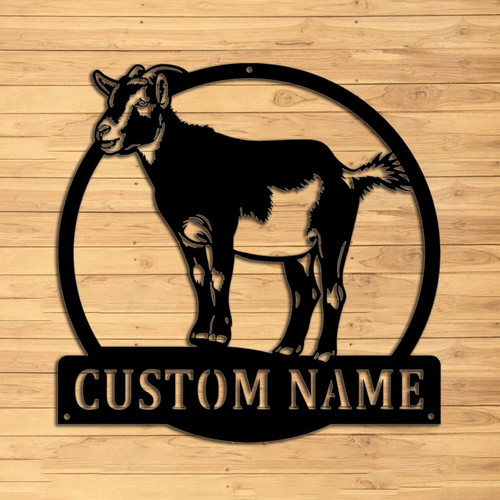 Goat metal sign with custom family name and est. date, rustic black powder-coated wall decor for farmhouse entry or barn | Familywalldecor