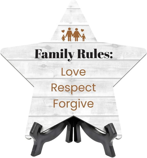 Family rules wood sign for bathroom tabletop decor with Love, Respect, Forgive text and star motif, compact wood finish | Familywalldecor