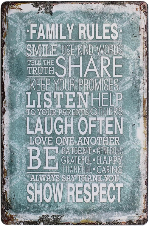 Family rules vintage metal sign wall decor for home, retro style plaque with heartfelt sayings for living room or entryway | Familywalldecor