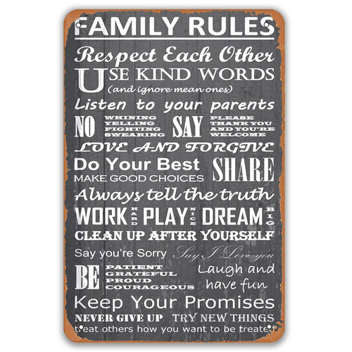 Funny Family Rules metal sign, vintage rustic wall decor for bar or man cave, weathered tin look with bold black lettering | Familywalldecor