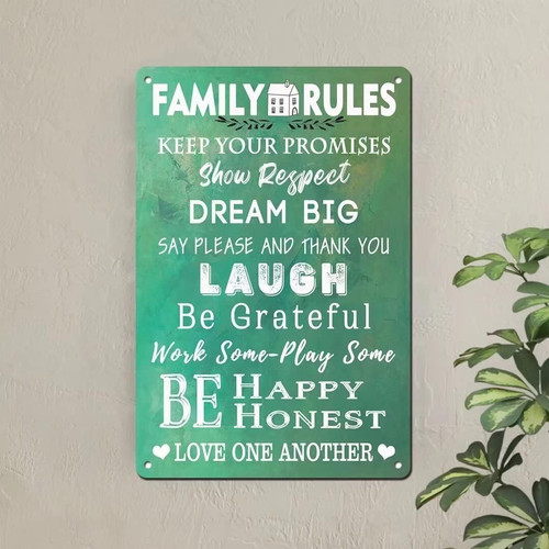 Vintage family rules metal sign with retro typography and distressed finish for living room wall decor or cozy bedroom accent. | Familywalldecor